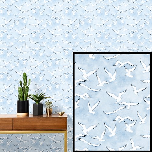 White Seagull Birds on Blue Sky Wallpaper