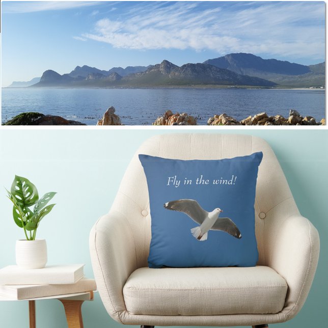 White Seagull Flying Deep Blue Sky Inspirational Throw Pillow (Chair with Background)