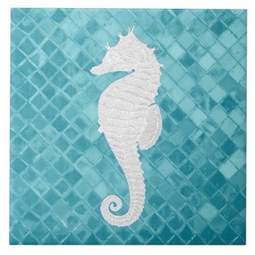 White Seahorse Aqua Sea Glass Pattern Ceramic Tile