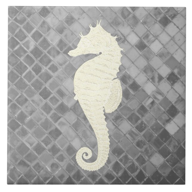 White Seahorse Gray Sea Glass Pattern Ceramic Tile (Front)