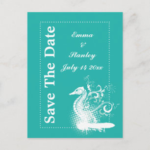 White seahorse light sea green summer wedding announcement postcard