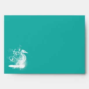White seahorse light sea green summer wedding envelope