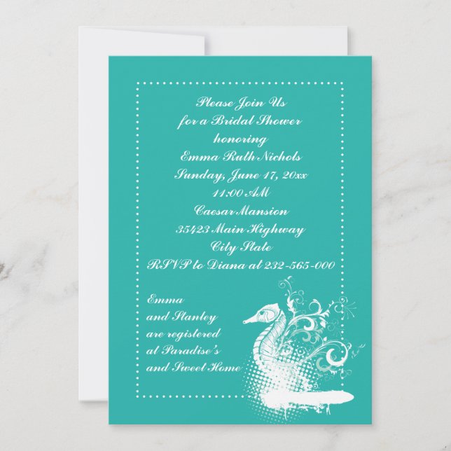 White seahorse lightseagreen wedding bridal shower invitation (Front)