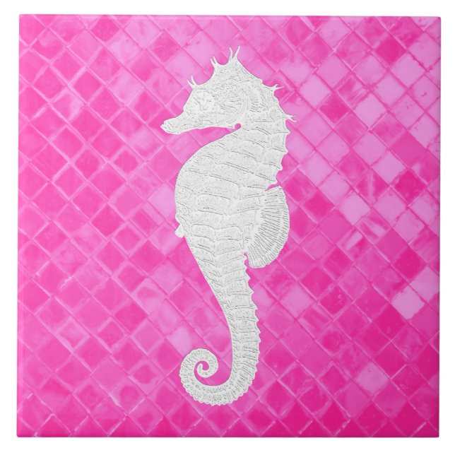 White Seahorse Pink Sea Glass Pattern Ceramic Tile (Front)