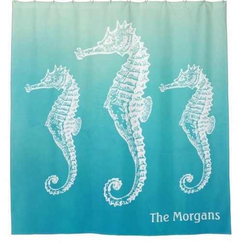 White Seahorse Unique Aqua Blue Ombre Watercolor Shower Curtain