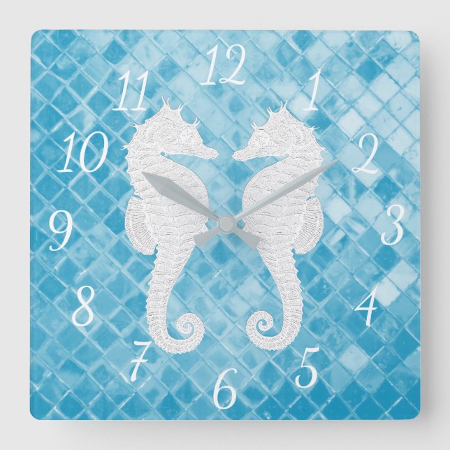 White Seahorses Blue Sea Glass Square Wall Clock (Front)