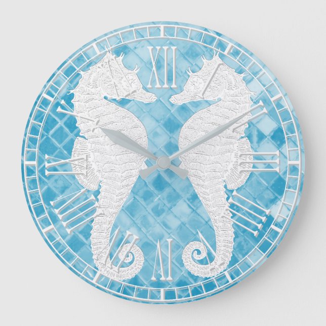 White Seahorses Blue Sea Large Clock (Front)