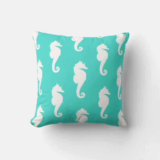 White Seahorses on Turquoise Throw Pillow (Front)