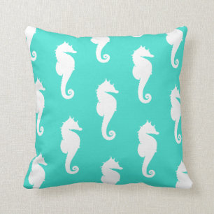 White Seahorses on Turquoise Throw Pillow