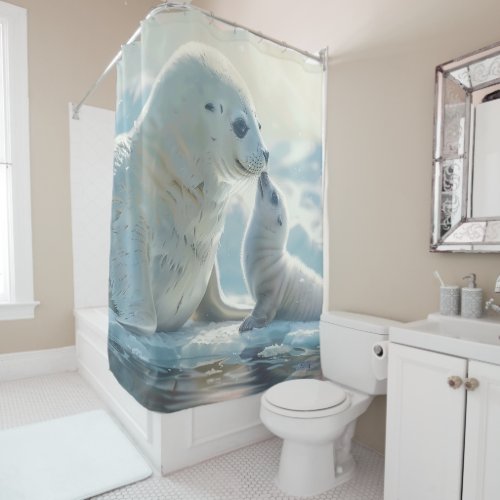 white seals on ice shower curtain