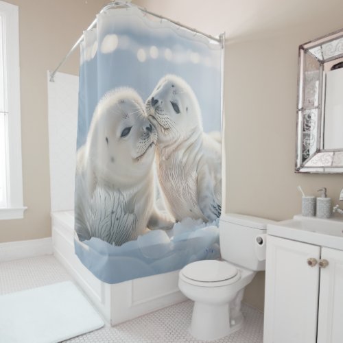 white seals on ice shower curtain