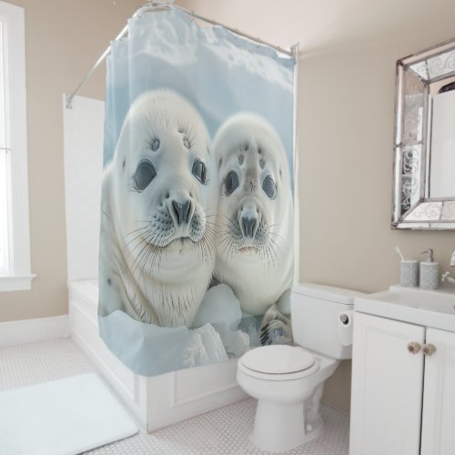 white seals on ice shower curtain