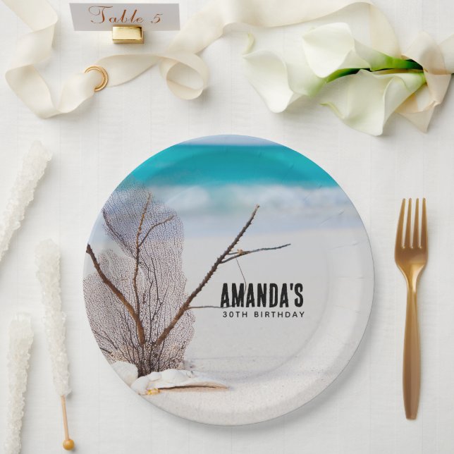 White Seashells on a Tropical Beach Birthday Paper Plates (Wedding)