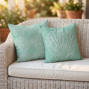 White Seashells On Seafoam Light Mint Pastel Green Outdoor Pillow