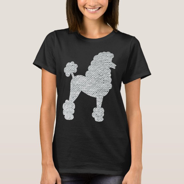 White Sequin Poodle On Black Background T-Shirt (Front)