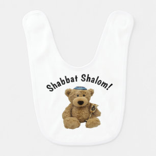 White Shabbat Shalom Teddy Bear Baby Bib