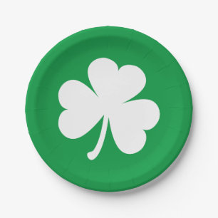 White Shamrock on Irish Green St Patrick's Day Paper Plates