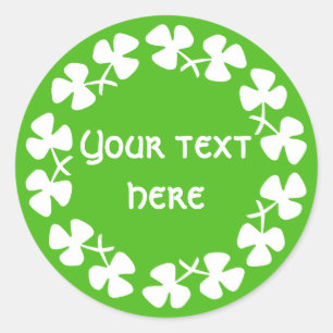 White Shamrocks Border Add Text Classic Round Sticker