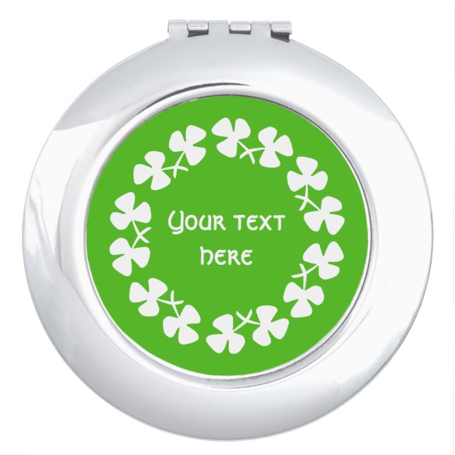 White Shamrocks Border Add Text Makeup Mirror (Front)