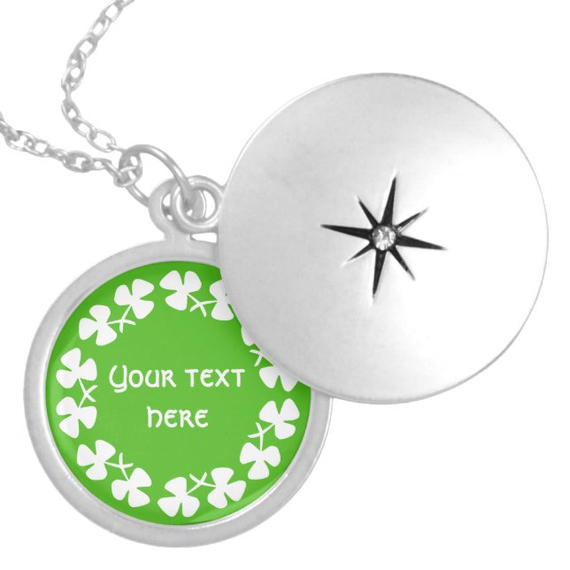 White Shamrocks Border Add Text Silver Plated Necklace (Front)