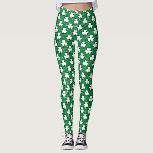 White Shamrocks Clover Pattern Distressed Green Leggings