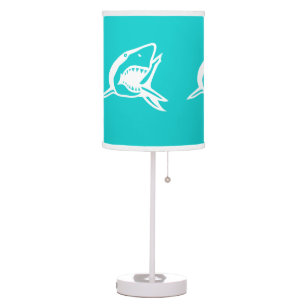 White Shark on aqua teal blue background Table Lamp