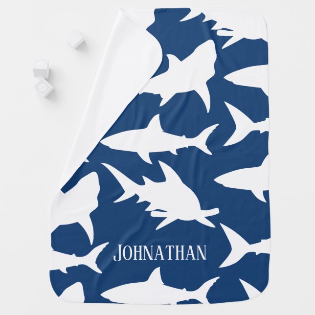 White Shark Silhouettes & Name Baby Blanket (In Situ)