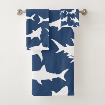 White Shark Silhouettes & Ocean Blue Bath Towel Set by GrudaHomeDecor at Zazzle