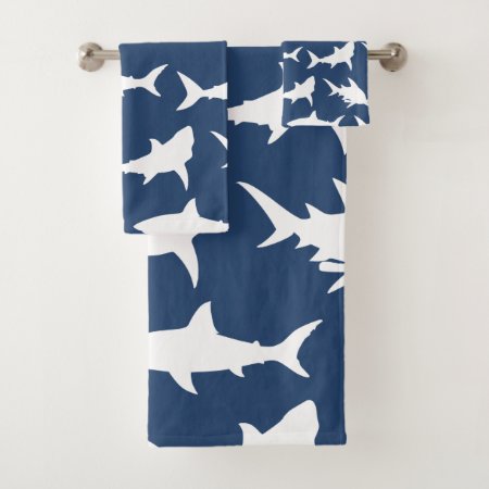 White Shark Silhouettes & Ocean Blue Bath Towel Set
