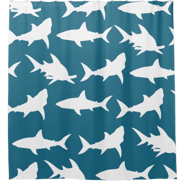 White Shark Silhouettes & Ocean Blue Green Shower Curtain (Front)