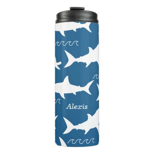 White Sharks  Waves Ocean Blue  Personalized Thermal Tumbler