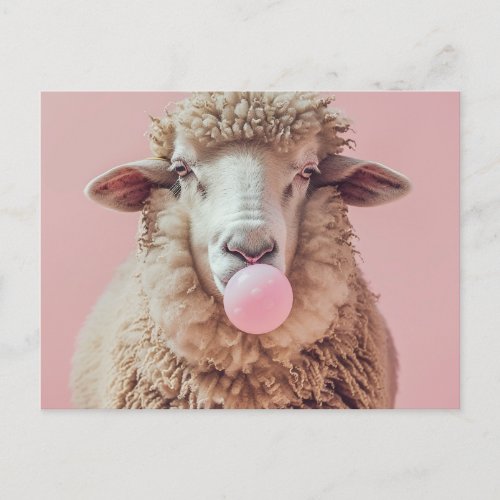 White Sheep Blowing Pink Bubble Gum Bubble Postcard