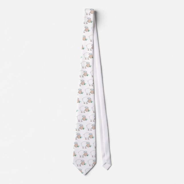 White Sheep Cartoon Character Eating A Flower Neck Tie (Front)