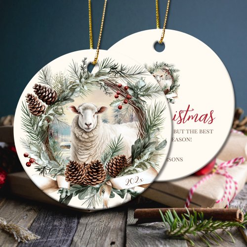 White sheep farm animal Christmas pinecone wreath Ceramic Ornament