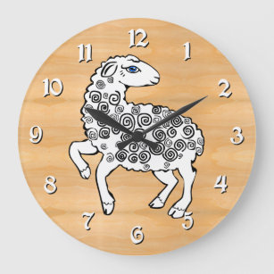 White Sheep Folk Art Lamb Spiral Curls Faux Wood Large Clock