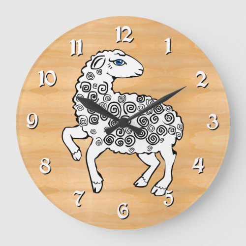 White Sheep Folk Art Lamb Spiral Curls Faux Wood Large Clock