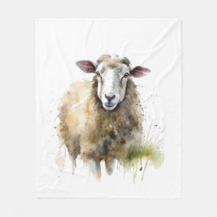 white sheep in a pasture painted in water color fleece blanket