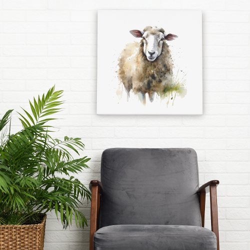 white sheep in a pasture painted in watercolor canvas print