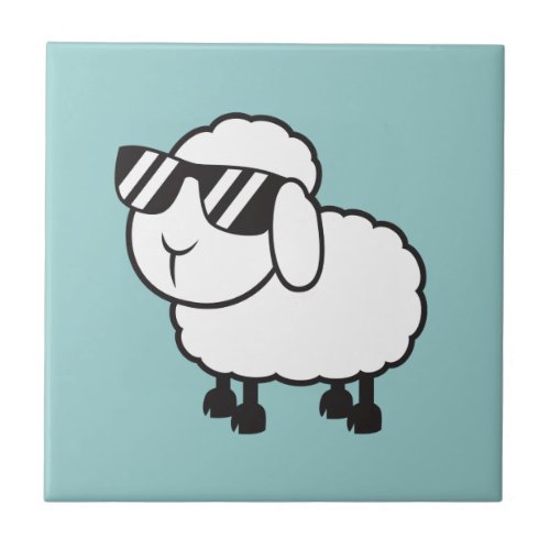 White Sheep in Sunglasses Cartoon Ceramic Tile