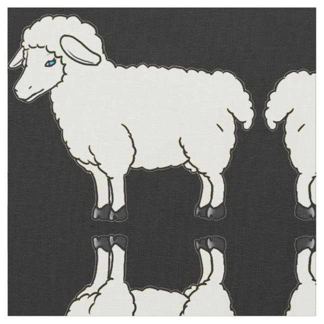 White Sheep on Black Background Fabric