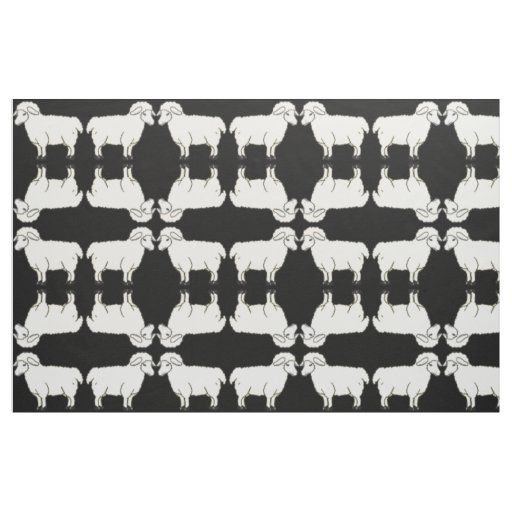 White Sheep on Black Background Fabric