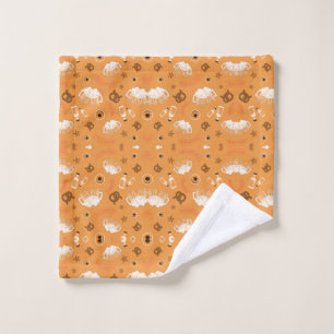 White sheep, sunflowers, mushrooms, and leaves wash cloth
