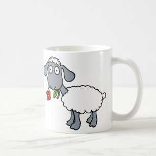 White Sheep Two Cute Lambs with Red Flowers Coffee Mug