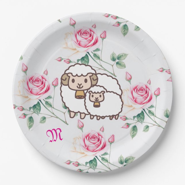 White Sheep with Baby Lamb And Roses Monogram Paper Plates (Front)