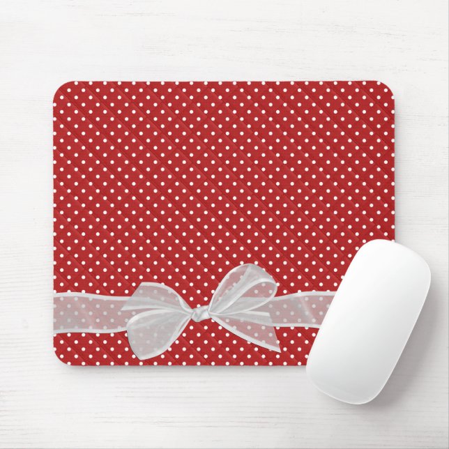 White Sheer Bow On Polka Dots Mouse Pad (With Mouse)