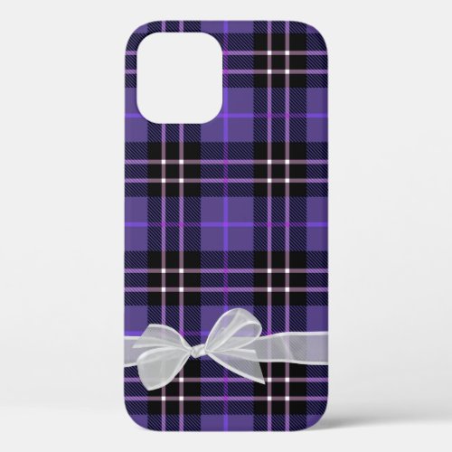 White Sheer Bow on Tartan Purple Plaid iPhone 12 Case
