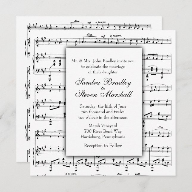White Sheet Music Theme Wedding Invitation (Front/Back)