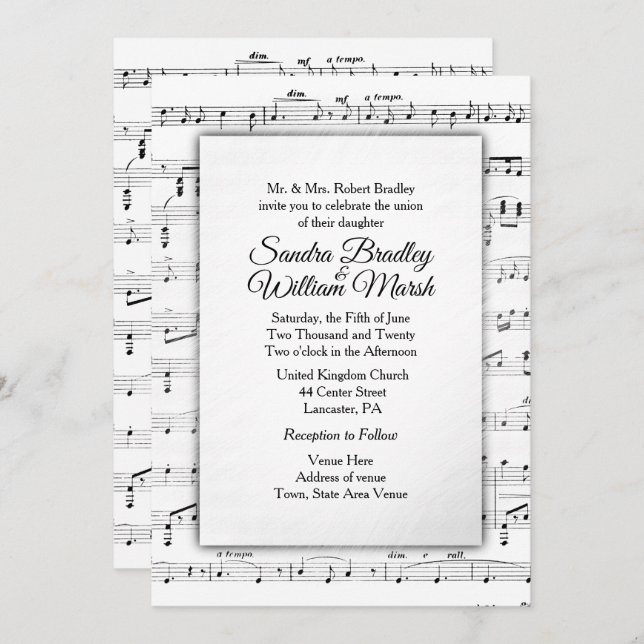 White Sheet Music Wedding Theme Invitation (Front/Back)