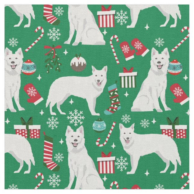 white shepherd christmas holiday fabric (Close Up)