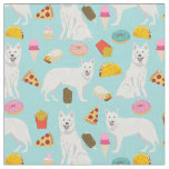 white shepherd dog junk food light blue fabric